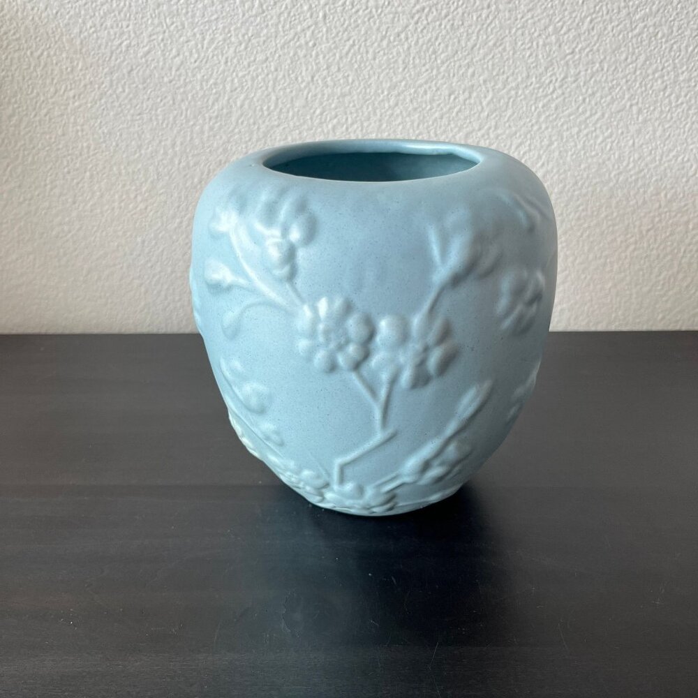 Haeger Matte Blue Floral Vase // Embossed Dogwood Branches // 6.75" Tall Vintage